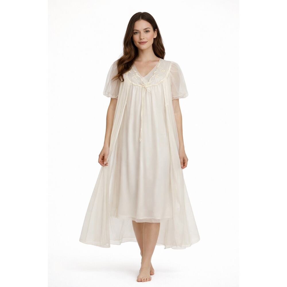 Vintage 1960s–1970s Avian Ivory Sheer Peignoir Robe & Nightgown Set medium